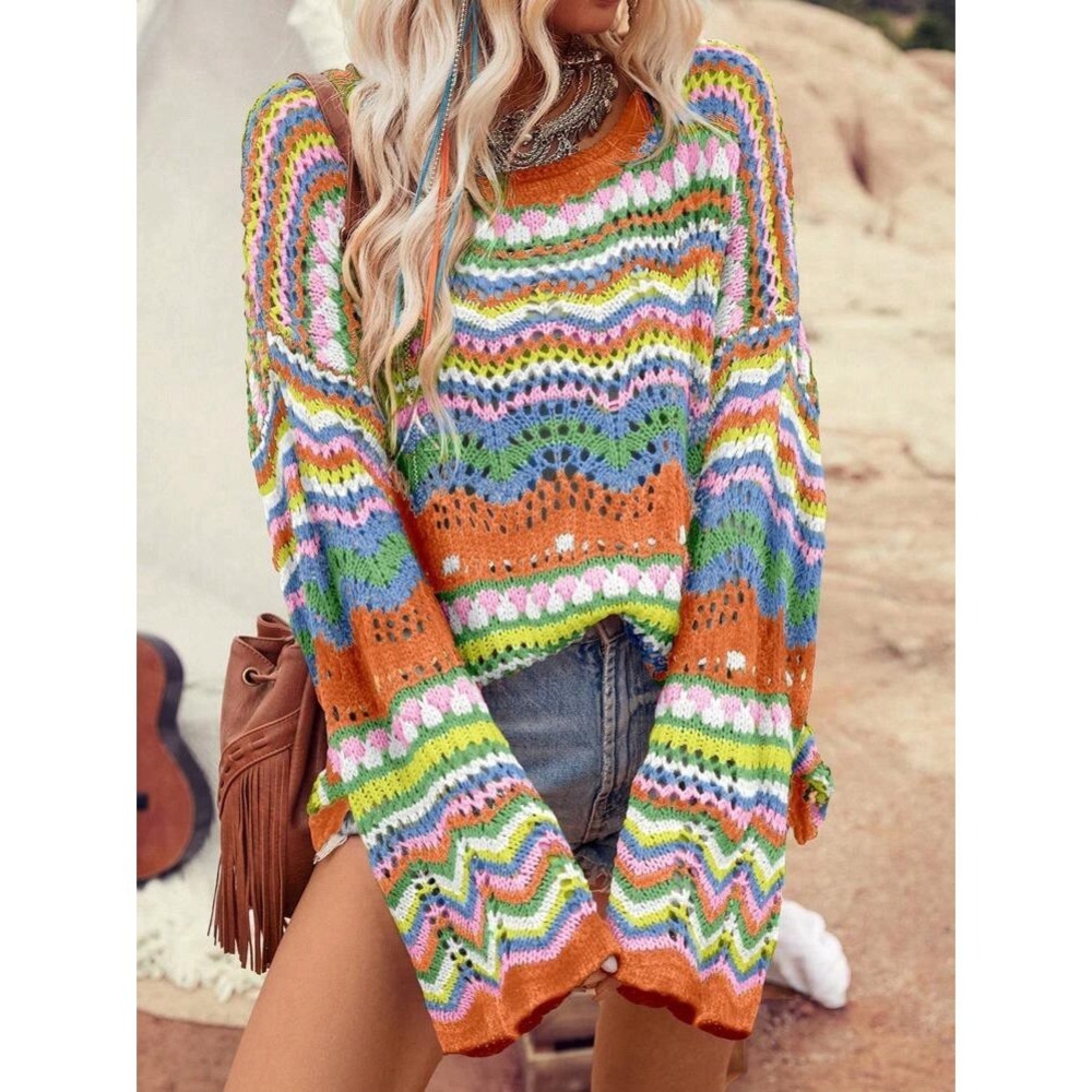 LUNE Women's‎ Oversized Knit Colorful Wave Pattern Drop Shoulder Flare Sleeves